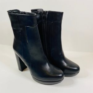 Women's Black Platform Leather Ankle Boots with Block Heel